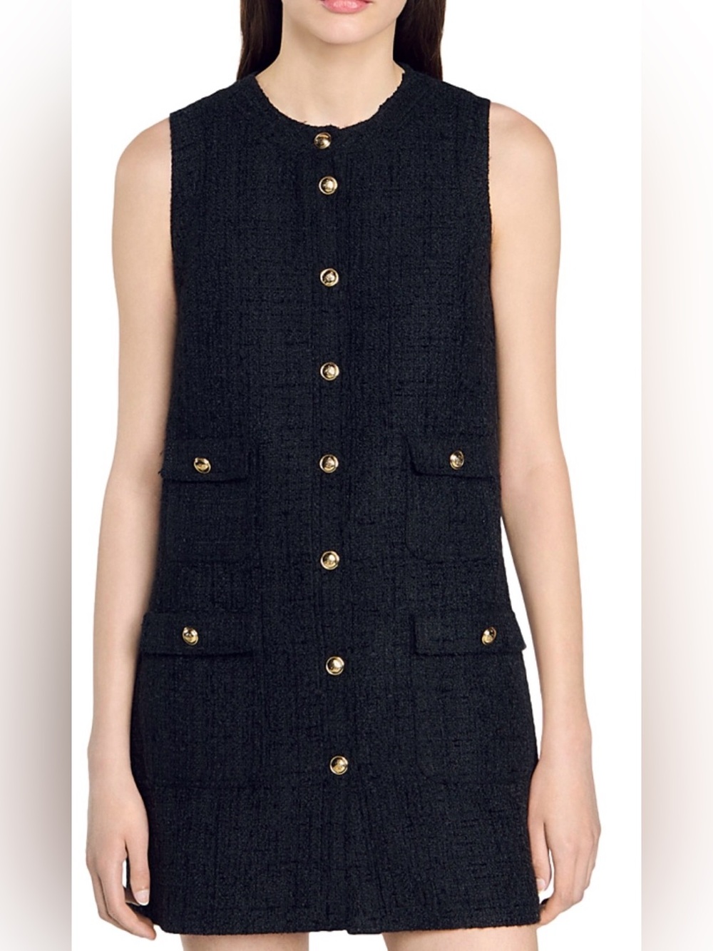 SANDRO Pippa  Black Tweed Sleeveless Dress with Gold Buttons Size M